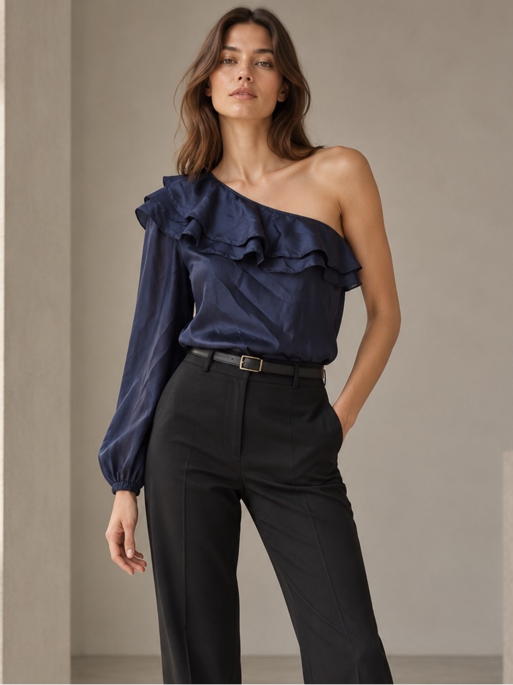 J. CREW Navy 100% Silk One Shoulder Ruffle Blouse Top Size 2
